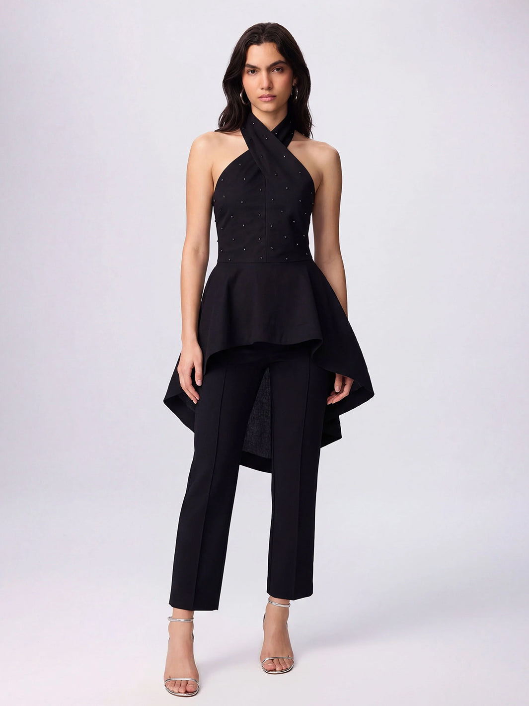 Echo Hi-Low Pearly Halter Shirting Top in Black/Gun Metal