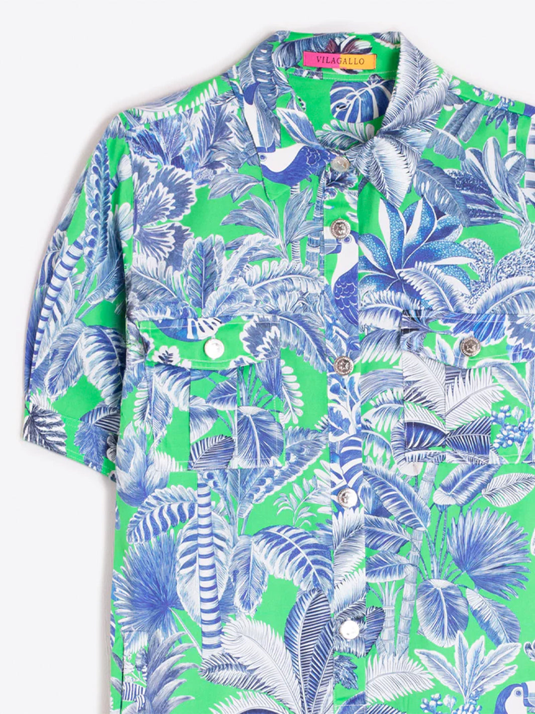 Eilana Short Shirt Dress in Green and Blue Tropical Print