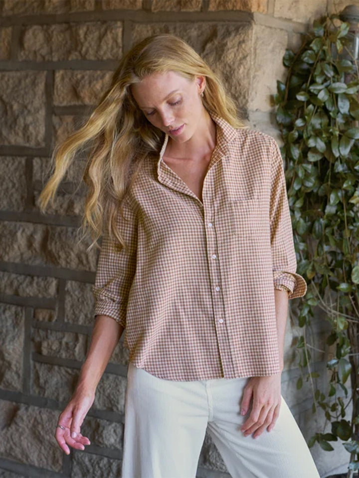 Eileen Relaxed Button Down in Sand, Brown, Cream Plaid