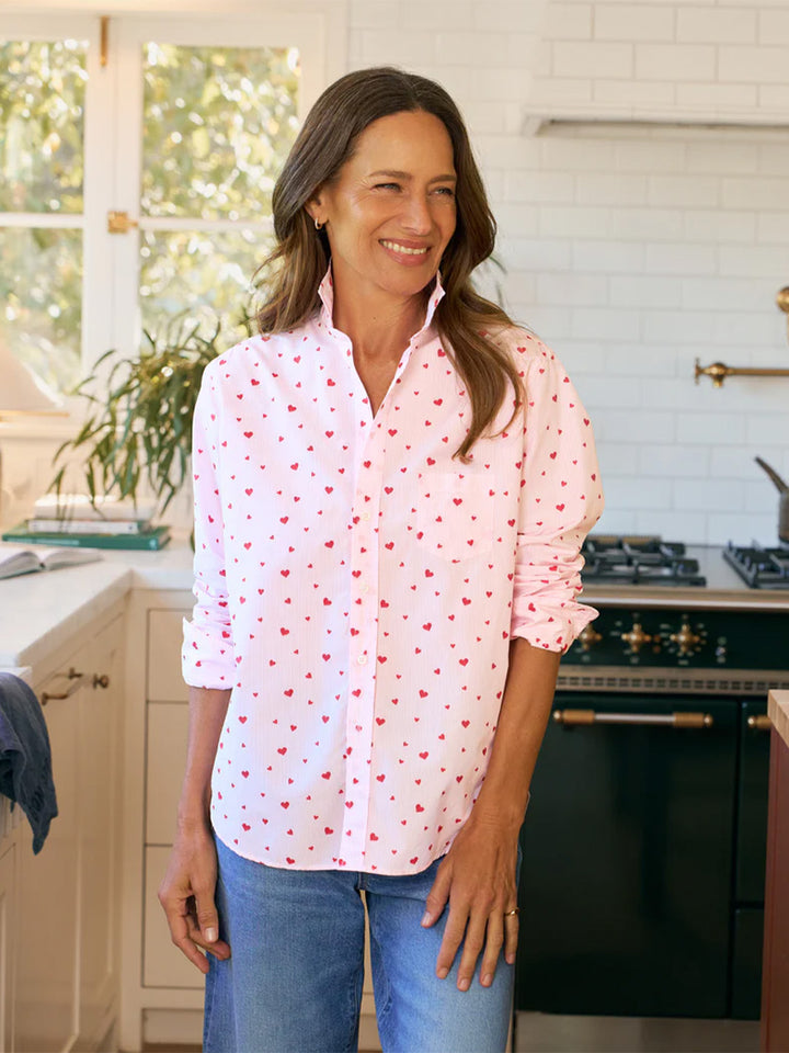 Eileen Relaxed Button-Up Shirt in Pink Stripe w Hearts