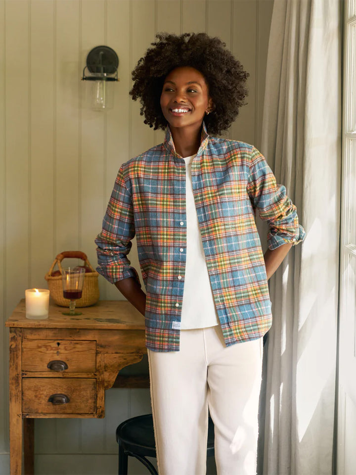 Eileen Relaxed Button Up Shirt in Orange and Green with Blue Plaid