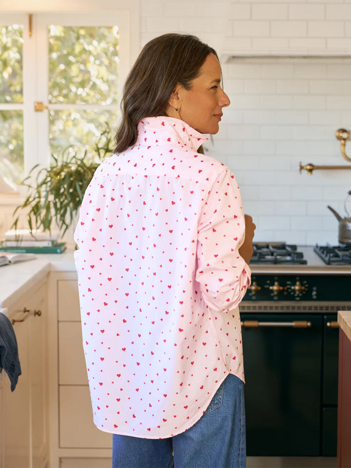 Eileen Relaxed Button-Up Shirt in Pink Stripe w Hearts