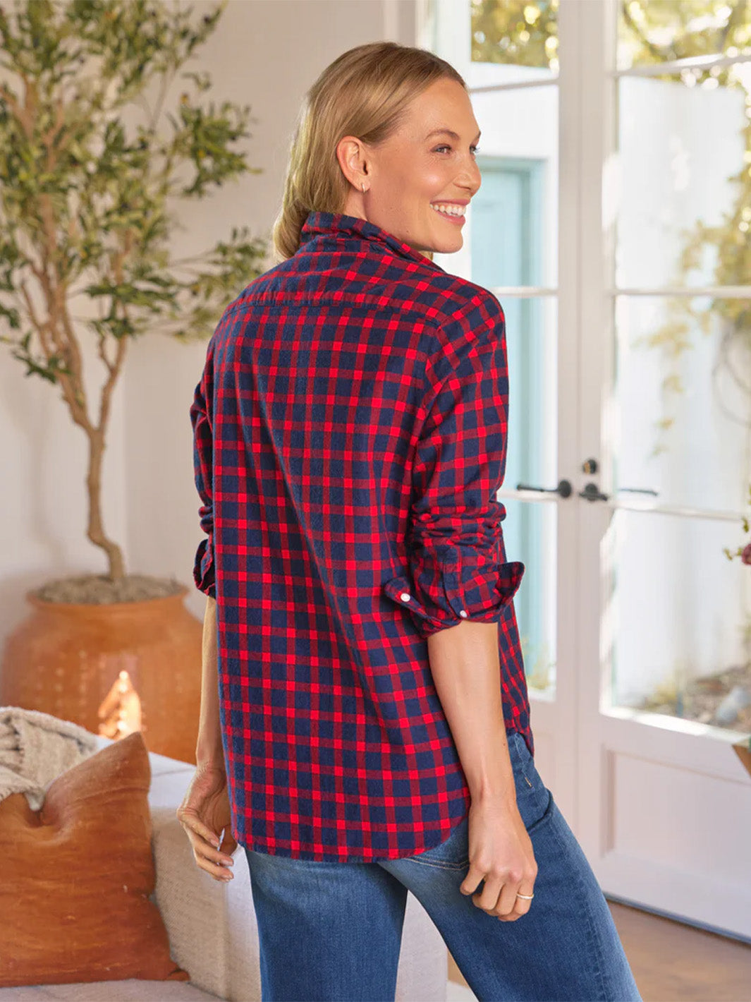 Eileen Relaxed Button Up Shirt in Red Blue Plaid