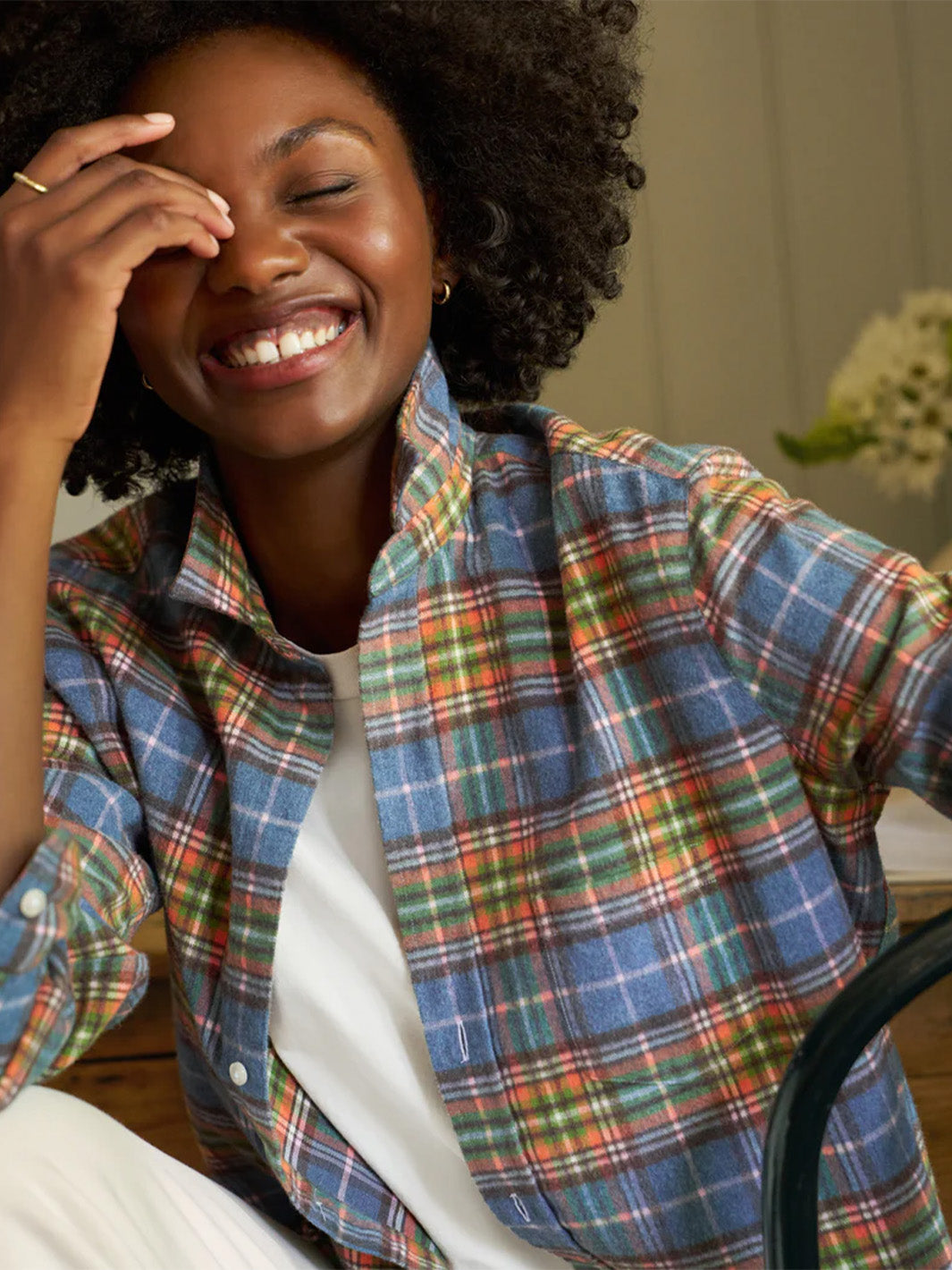 Eileen Relaxed Button Up Shirt in Orange and Green with Blue Plaid