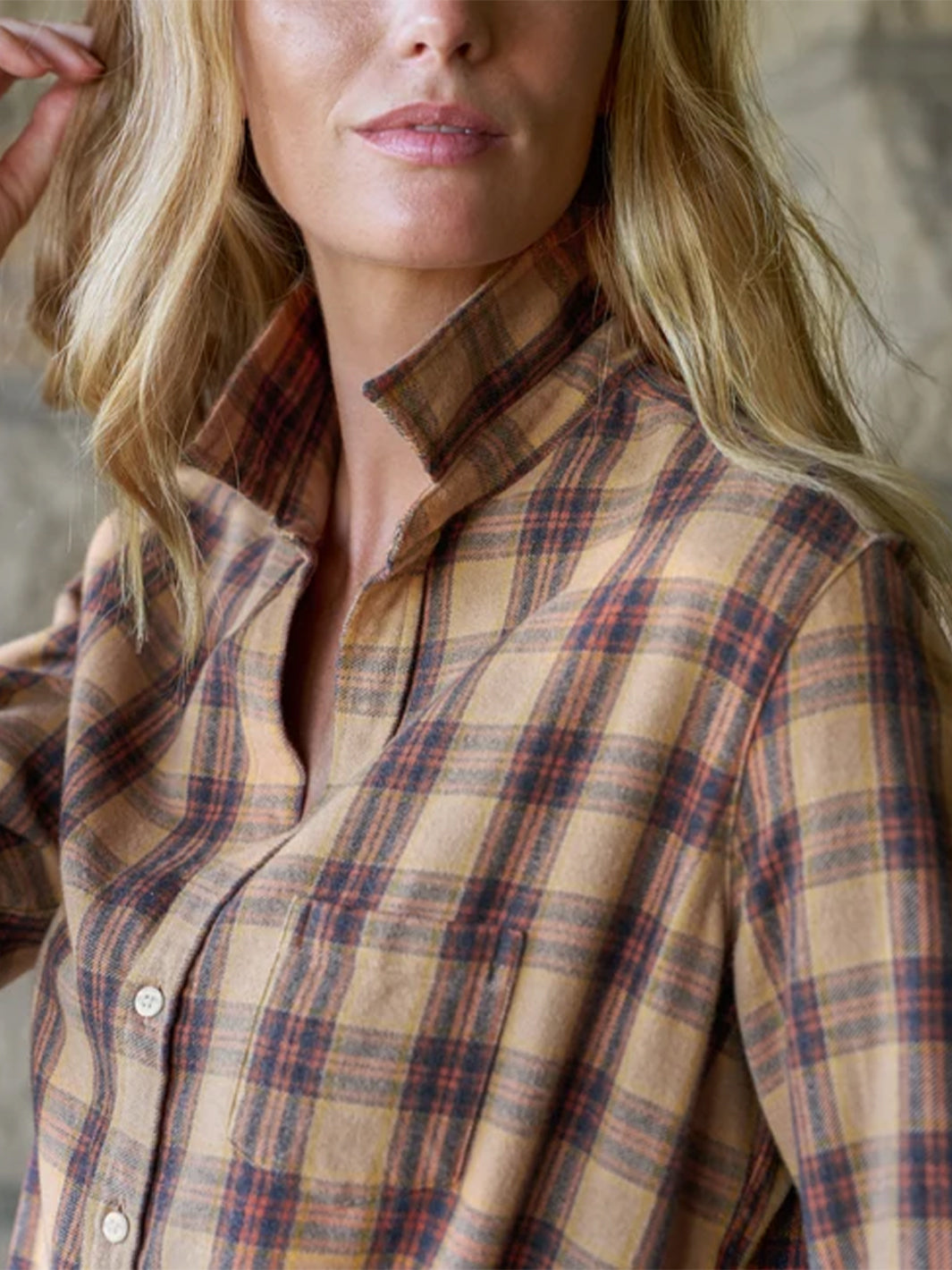 Eileen Relaxed Button Down in Gold and Brown with Black Plaid