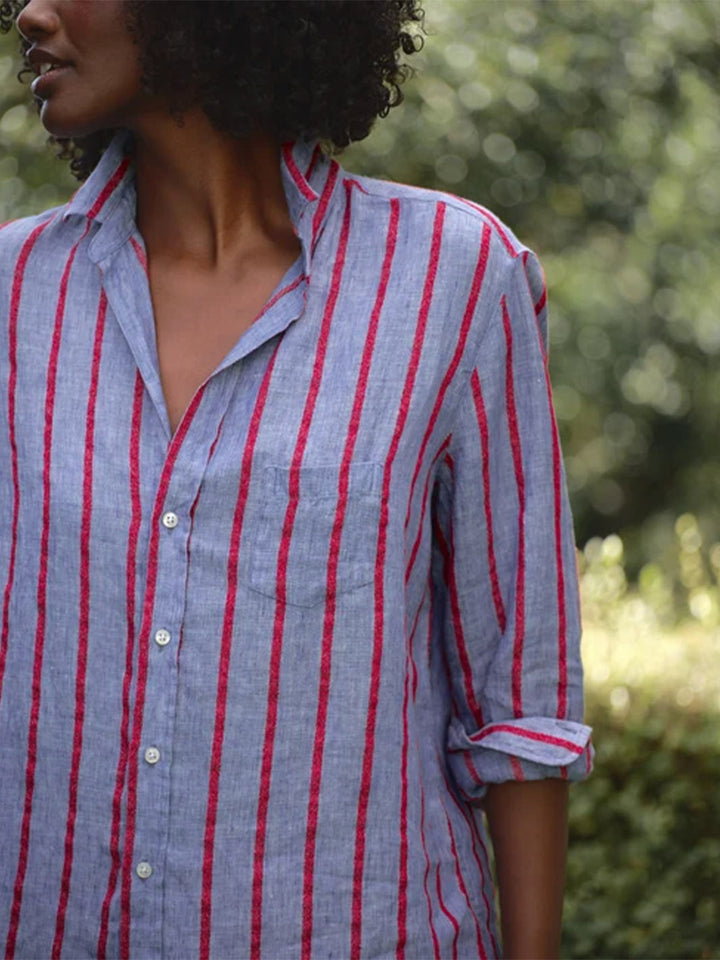 Eileen Relaxed Button-Up Shirt in Blue Red Textured Stripe
