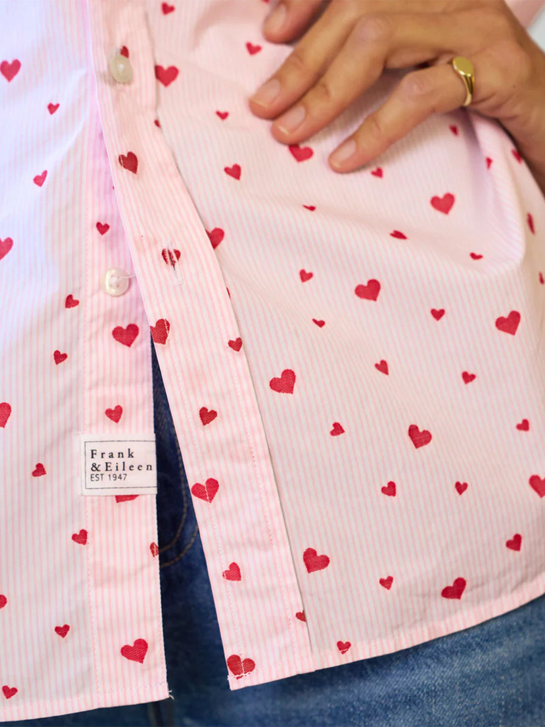 Eileen Relaxed Button-Up Shirt in Pink Stripe w Hearts