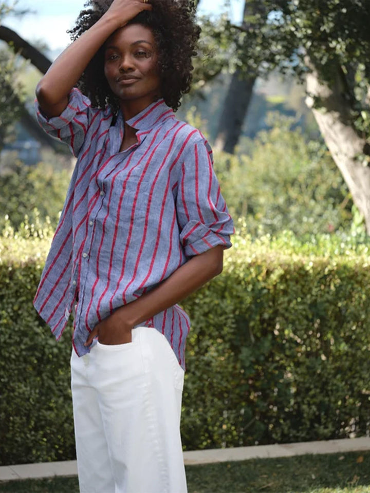 Eileen Relaxed Button-Up Shirt in Blue Red Textured Stripe