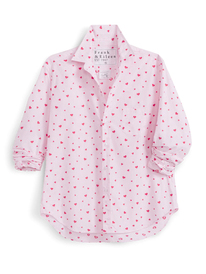 Eileen Relaxed Button-Up Shirt in Pink Stripe w Hearts