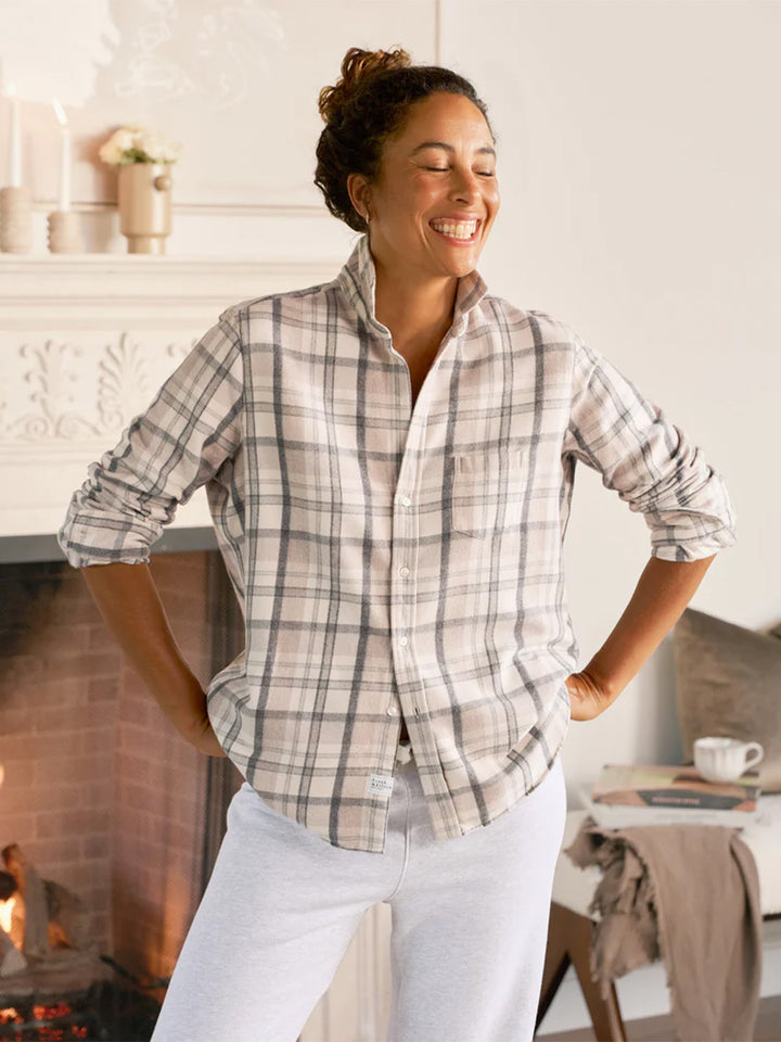 Eileen Relaxed Button Up Shirt in Cream and Sand with Gray Plaid