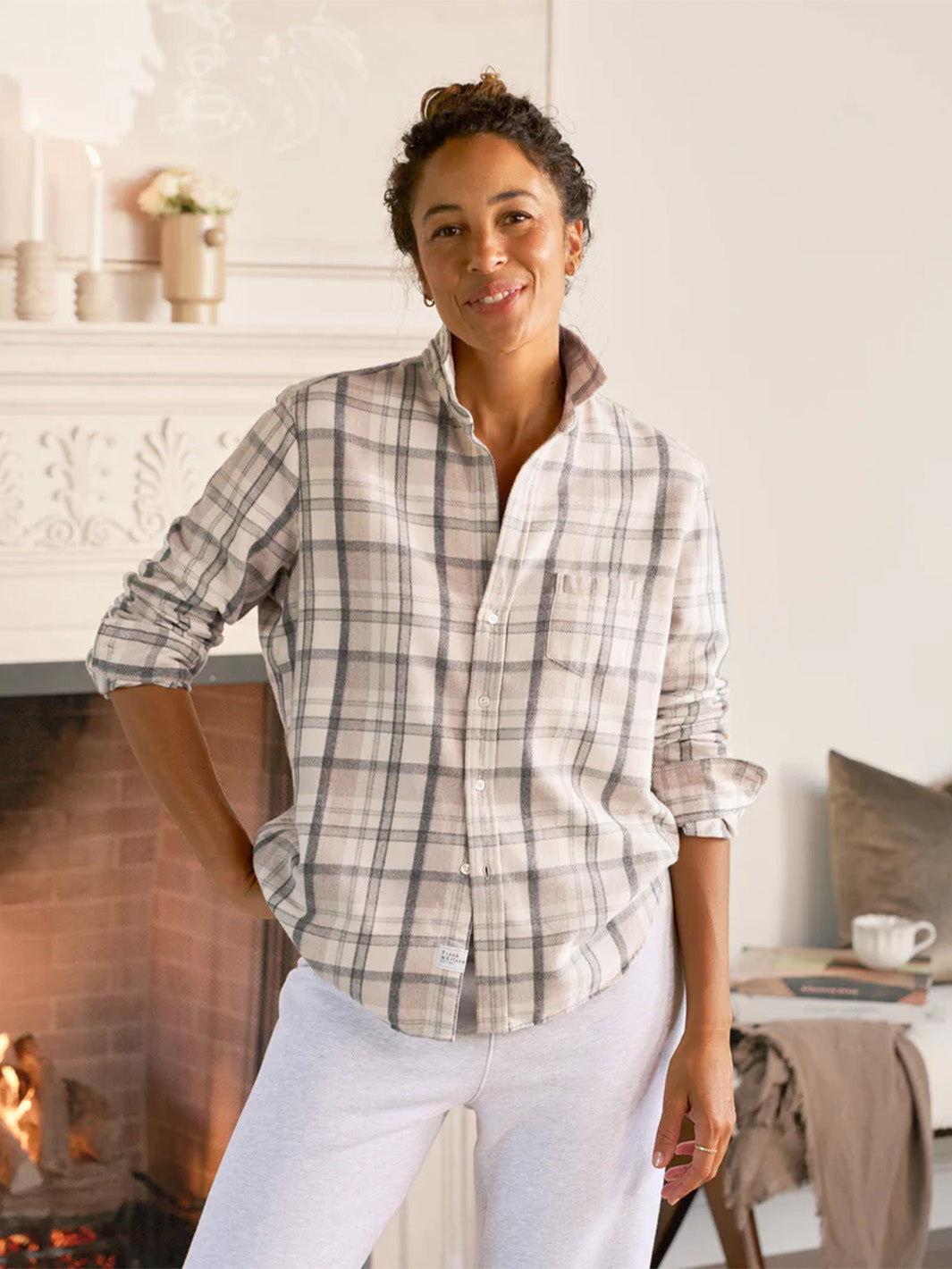 Eileen Relaxed Button Up Shirt in Cream and Sand with Gray Plaid