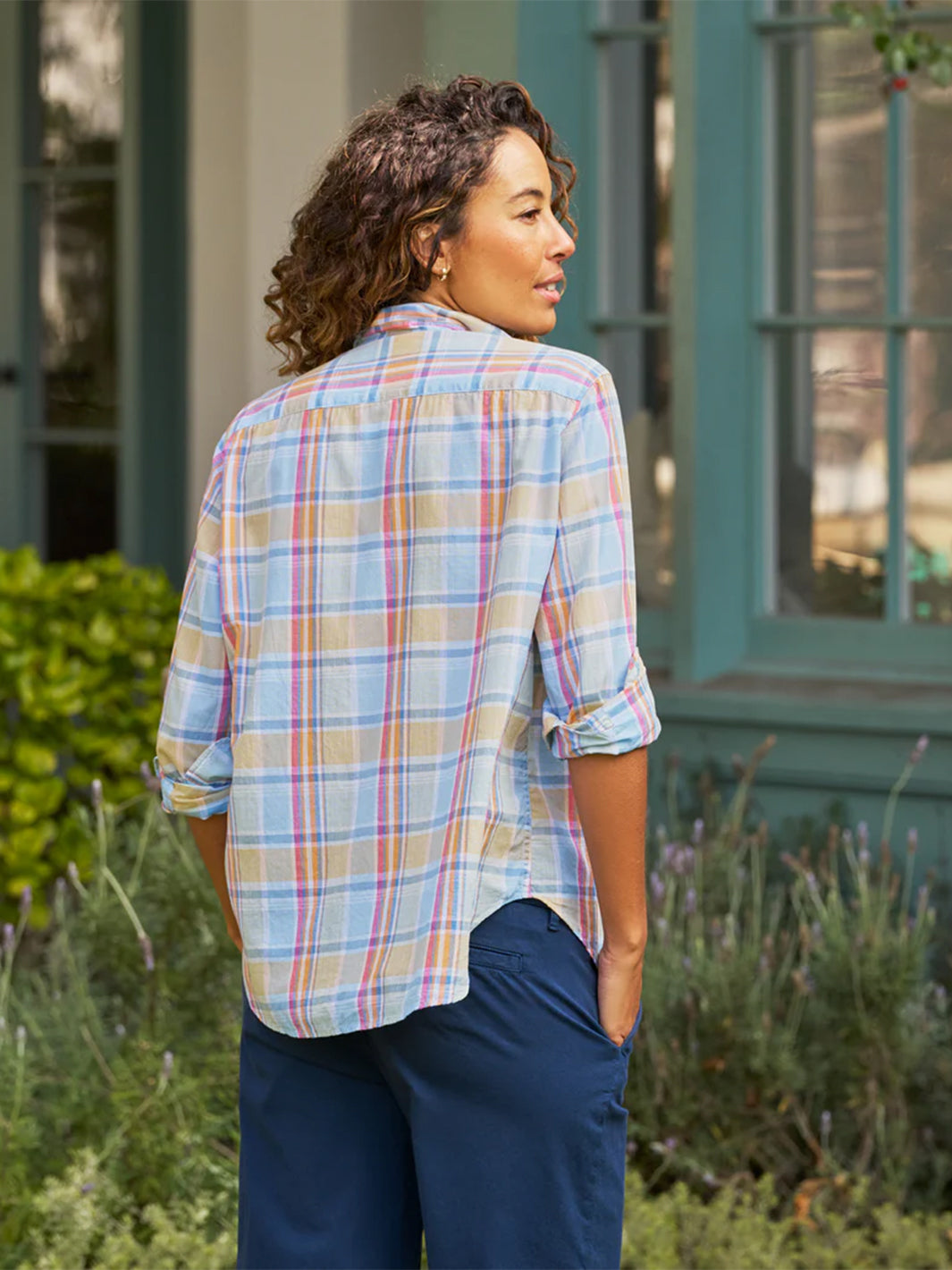 Eileen Relaxed Button-Up Shirt in Blue and Orange Plaid