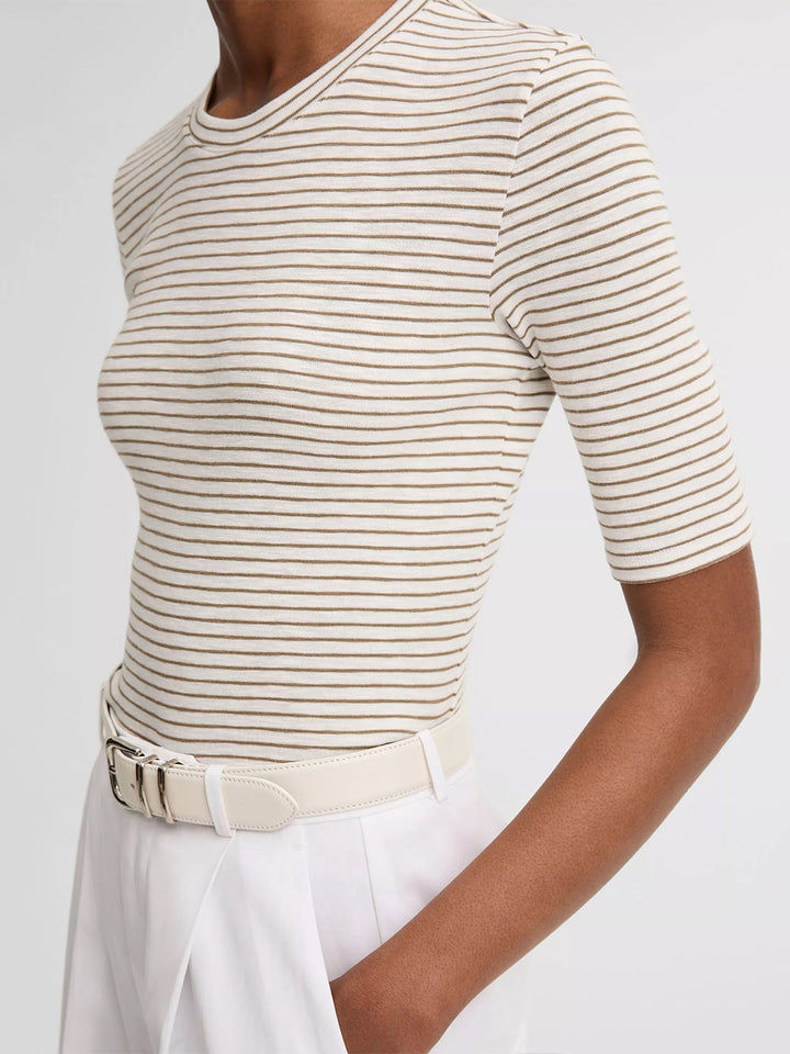 Striped Cotton-Blend Elbow-Sleeve T-Shirt in Tapenade Combo