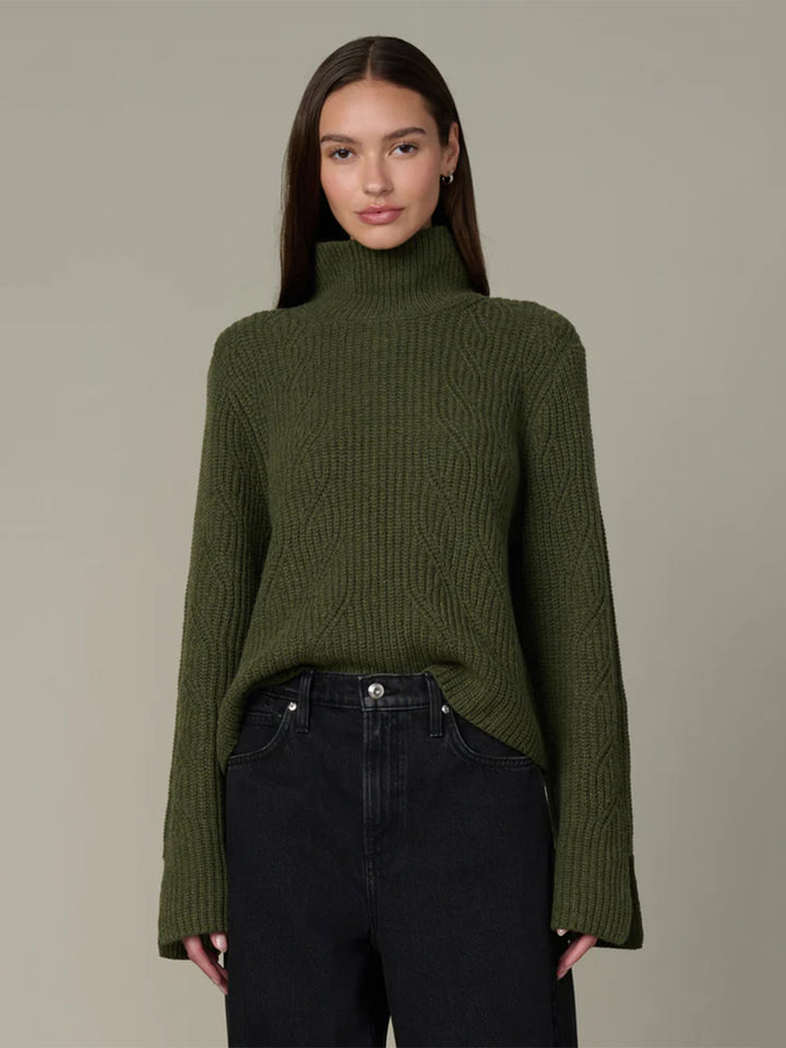 The Ella Cable Knit Funnel Neck Sweater in Winter Moss