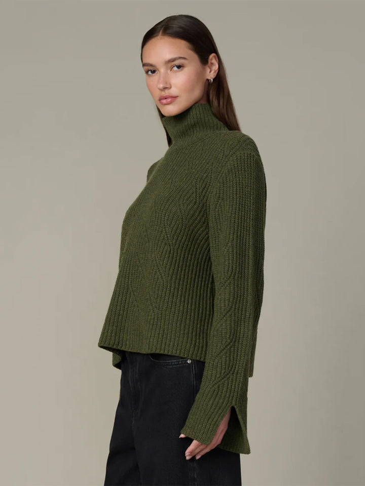 The Ella Cable Knit Funnel Neck Sweater in Winter Moss