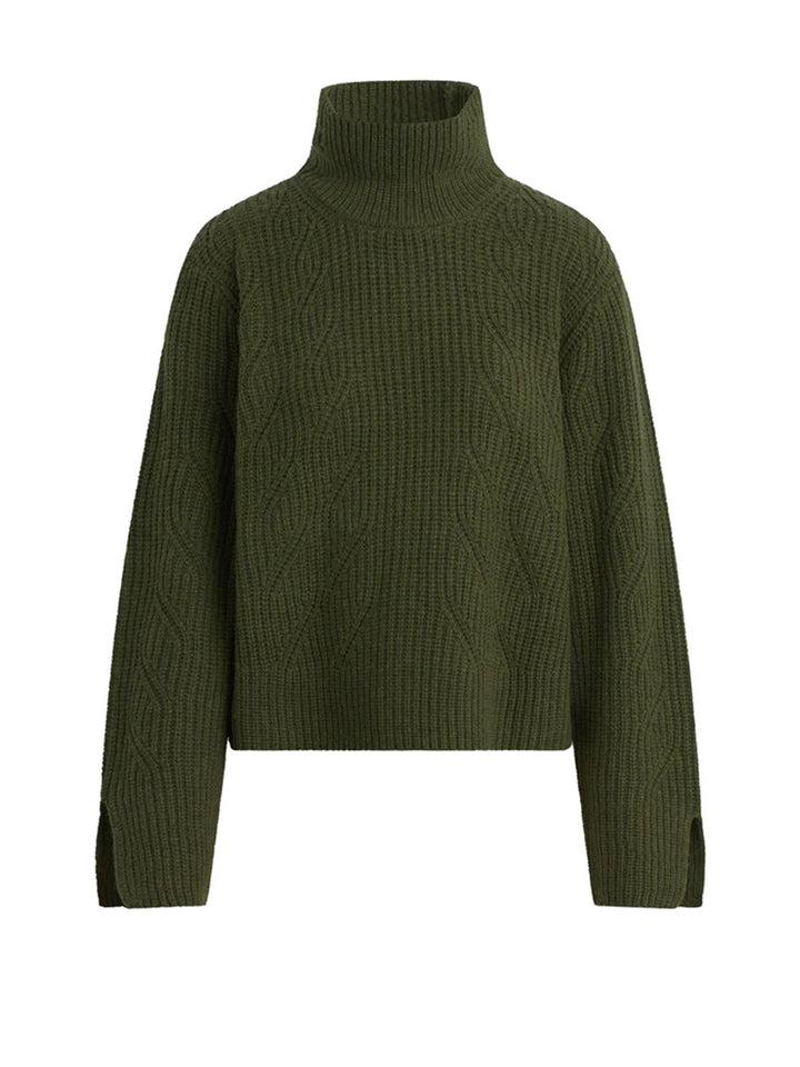 The Ella Cable Knit Funnel Neck Sweater in Winter Moss