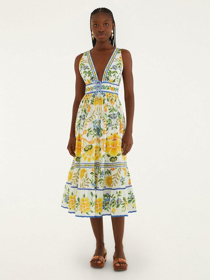 Emily Floral Tapestry Midi Dress in Off White