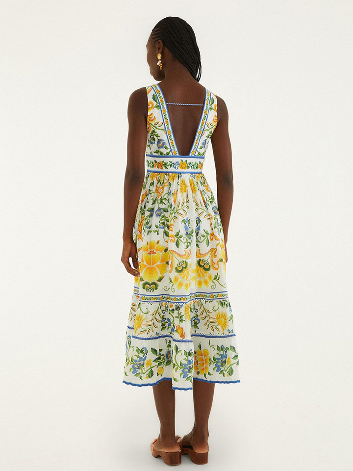 Emily Floral Tapestry Midi Dress in Off White