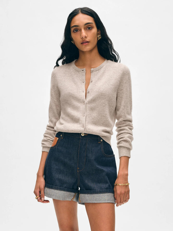 Essential Crewneck Cardigan in Sand Heather