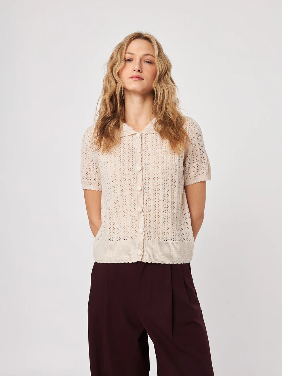 Crew Polo Short Sleeve Sweater in Pearl Blush