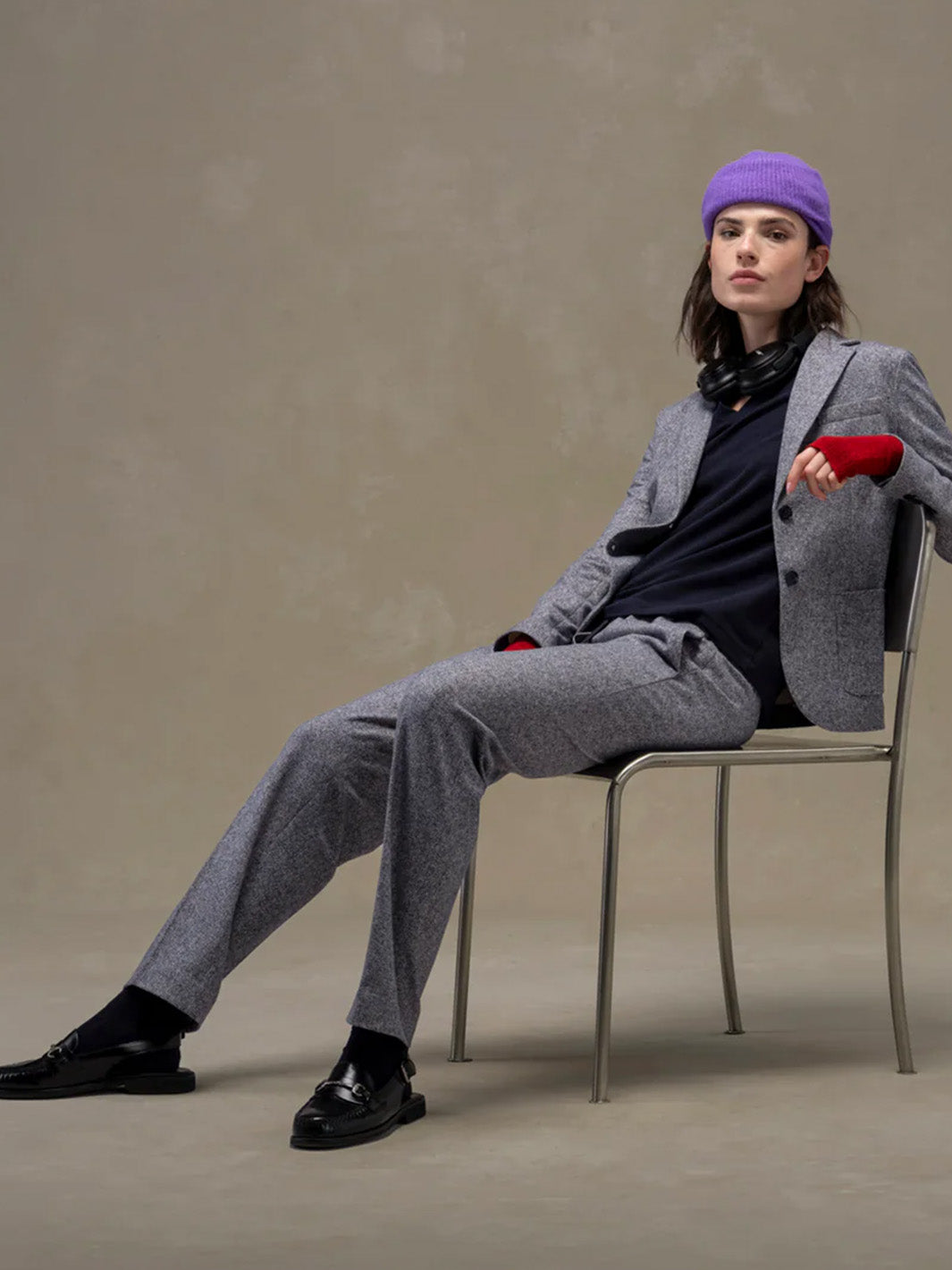 Herringbone Coulisse Chino Trouser in Navy