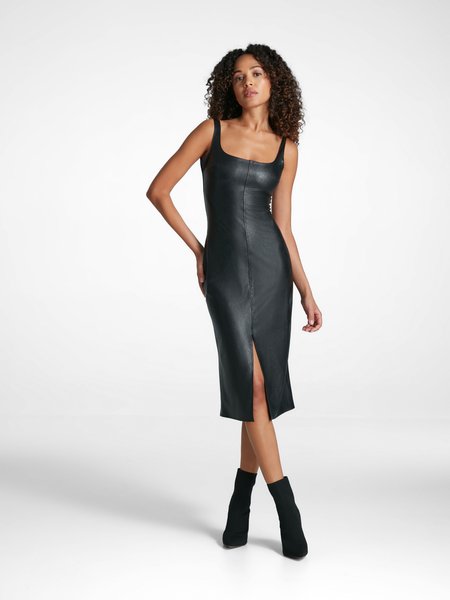 Faux Leather Midi Tank Dress in Black