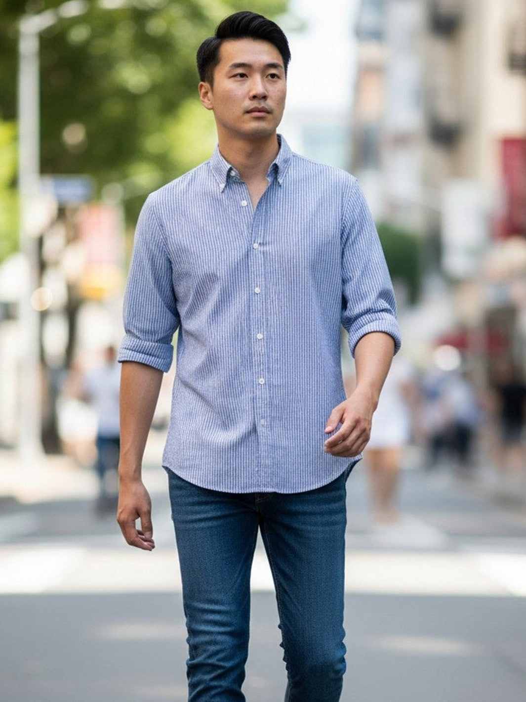 Finbar Woven Button-Up Shirt in Navy Blue Stripe
