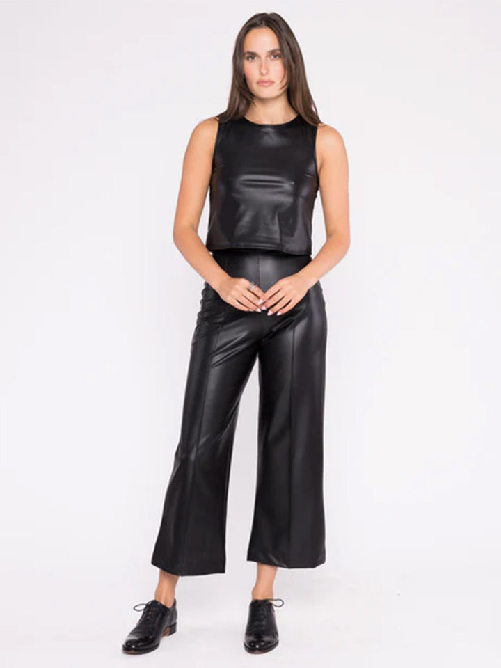 Vegan Leather Straight Leg Cropped Pant in Black