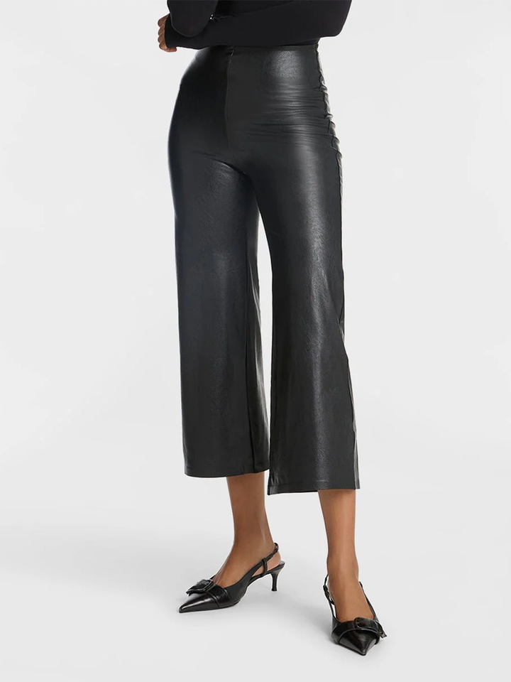 Faux Leather Cropped Wide Leg Pant in Black