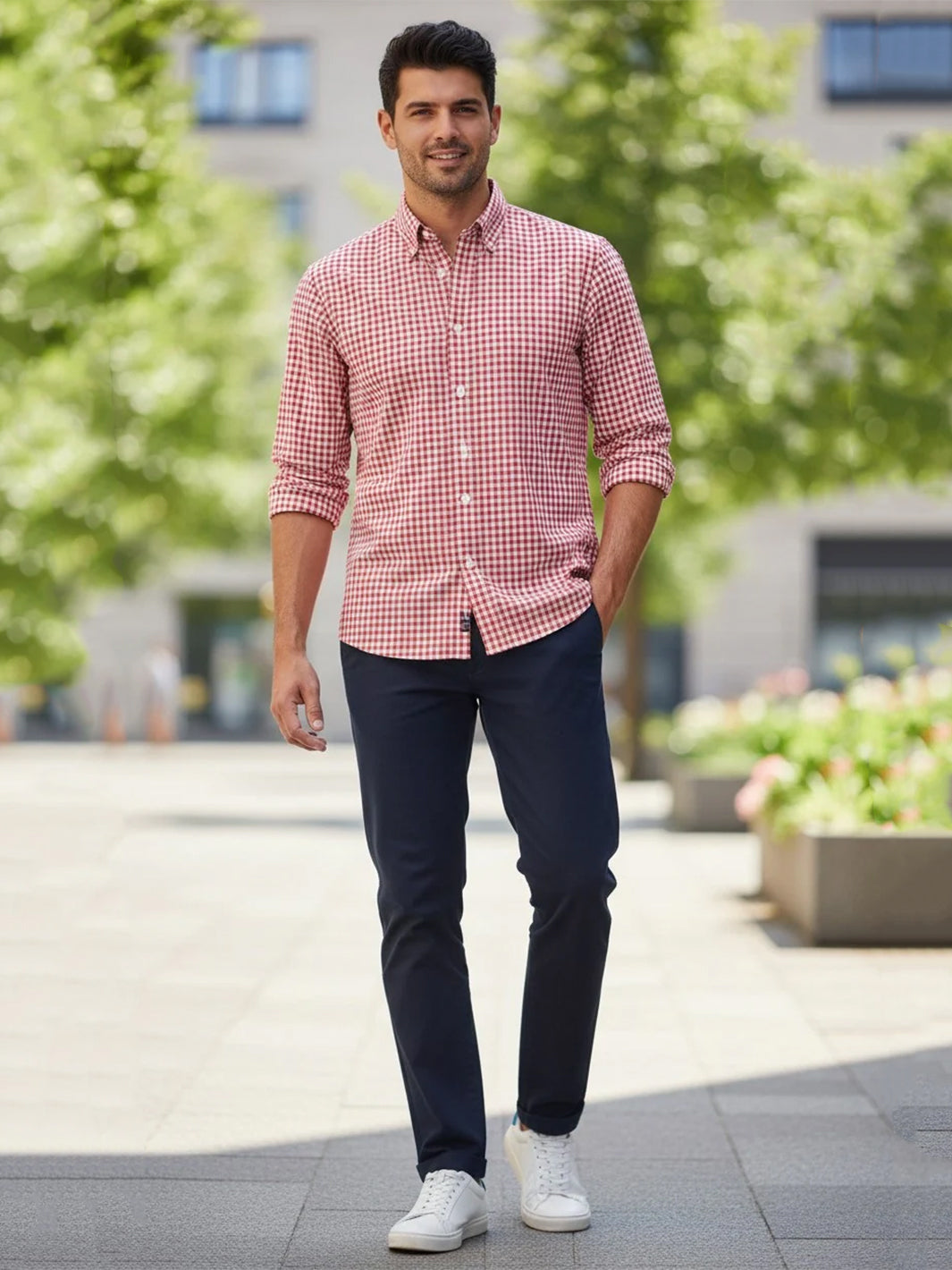 Finbar Woven Button-Up Shirt in Red and White Check