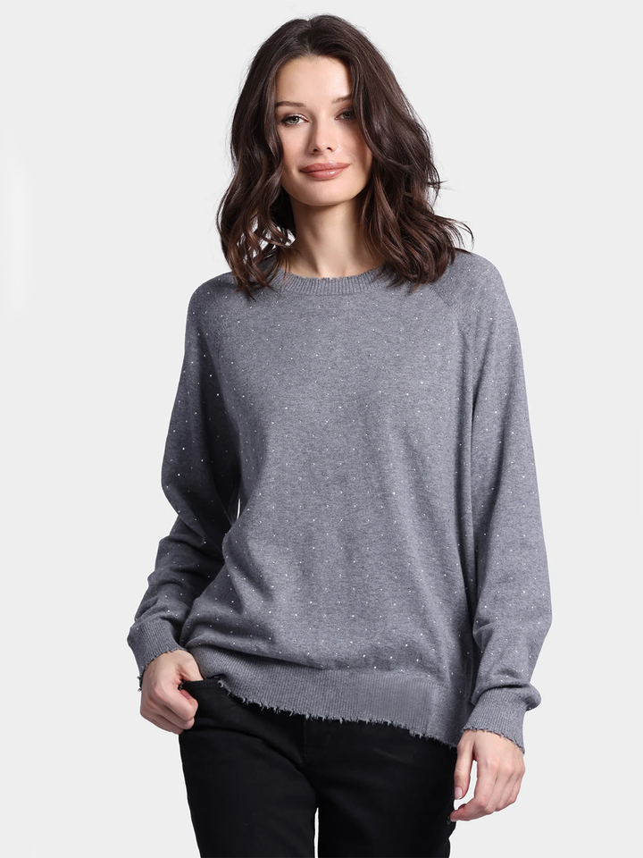 Relaxed Frayed Edge Crew with Studs in Grey