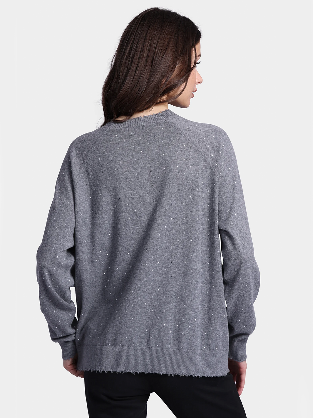 Relaxed Frayed Edge Crew with Studs in Grey