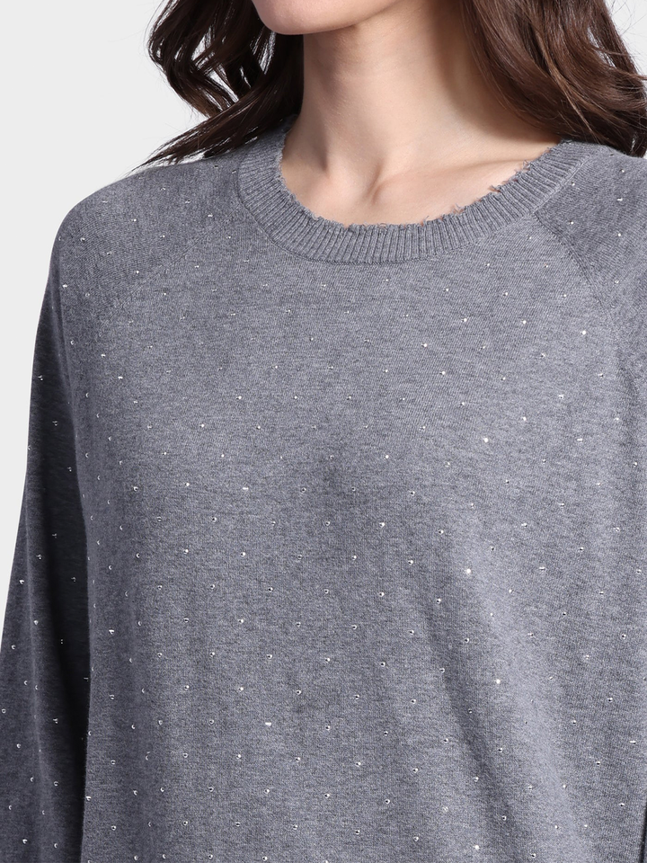 Relaxed Frayed Edge Crew with Studs in Grey