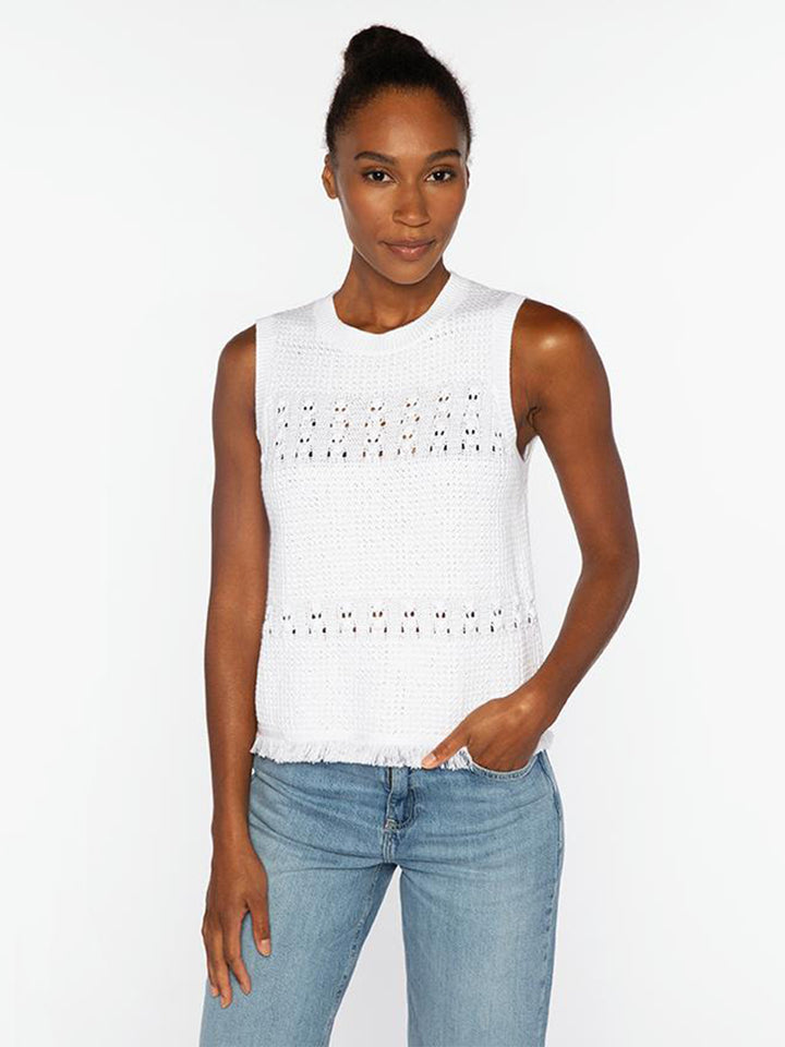 Textered Fringe Short Sleeve Crew in White