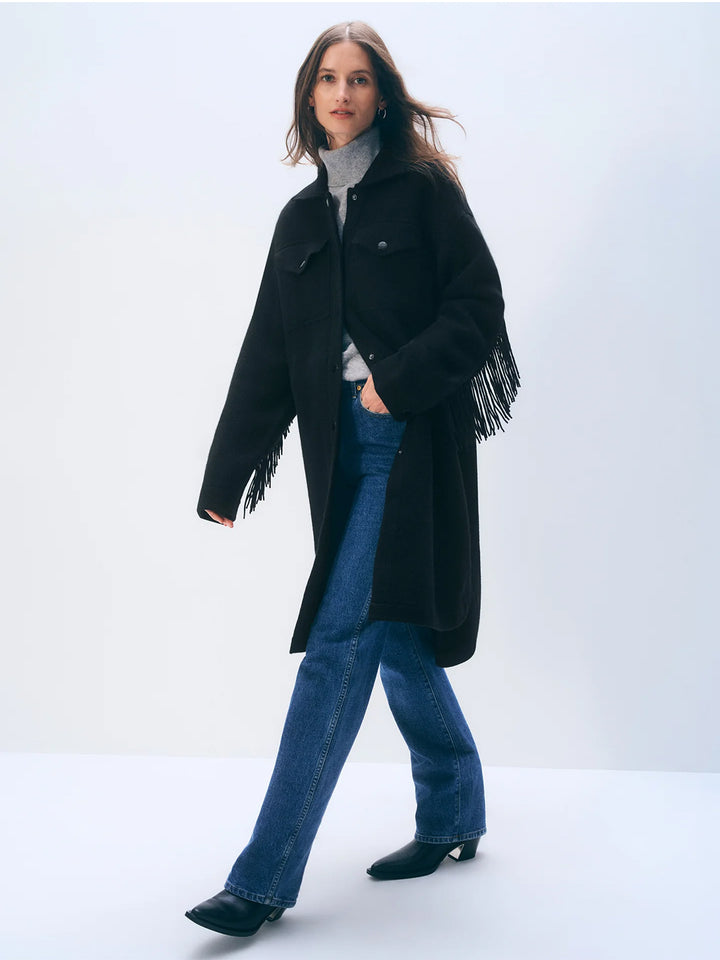 Cashmere Merino Fringe Coat in Black