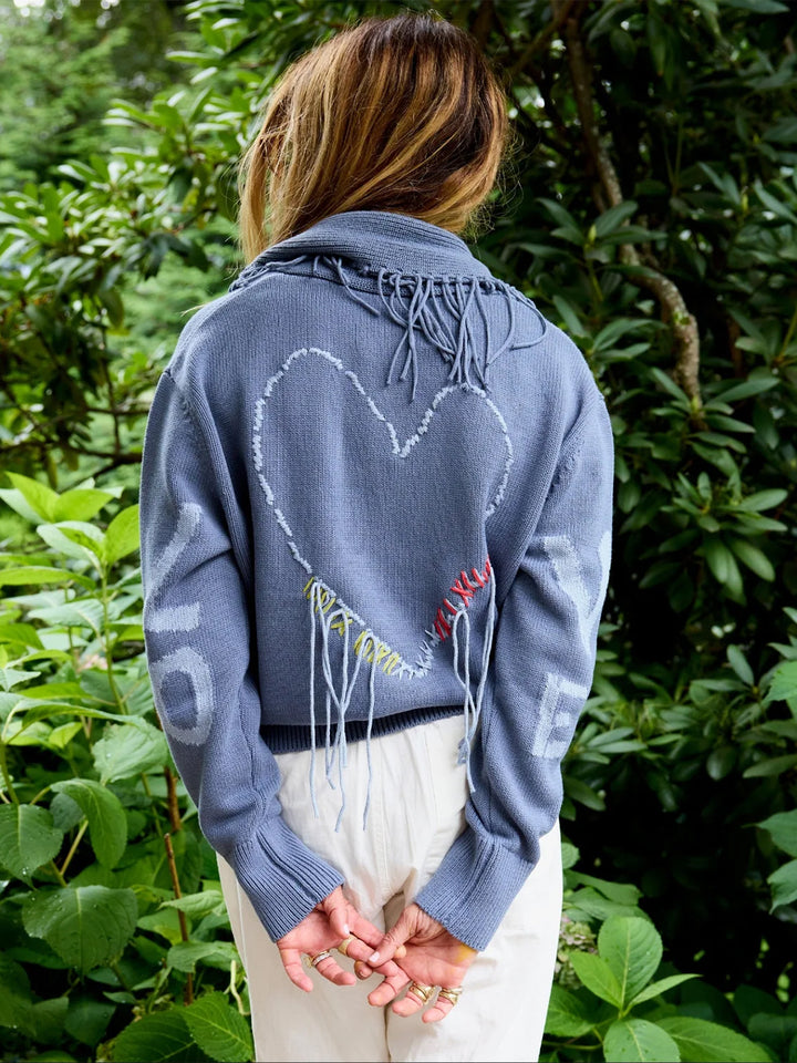 Fringe Shawl Collar Love Cardigan in Denim Blue