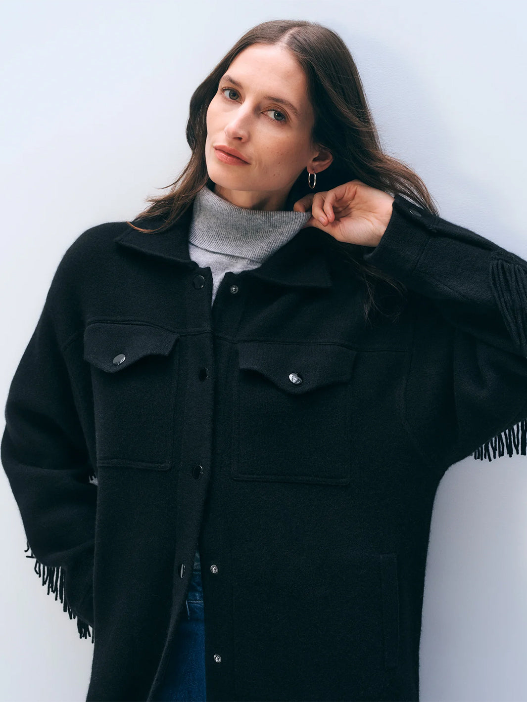 Cashmere Merino Fringe Coat in Black