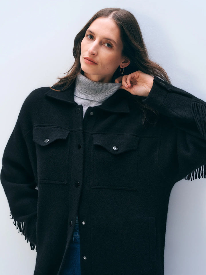 Cashmere Merino Fringe Coat in Black