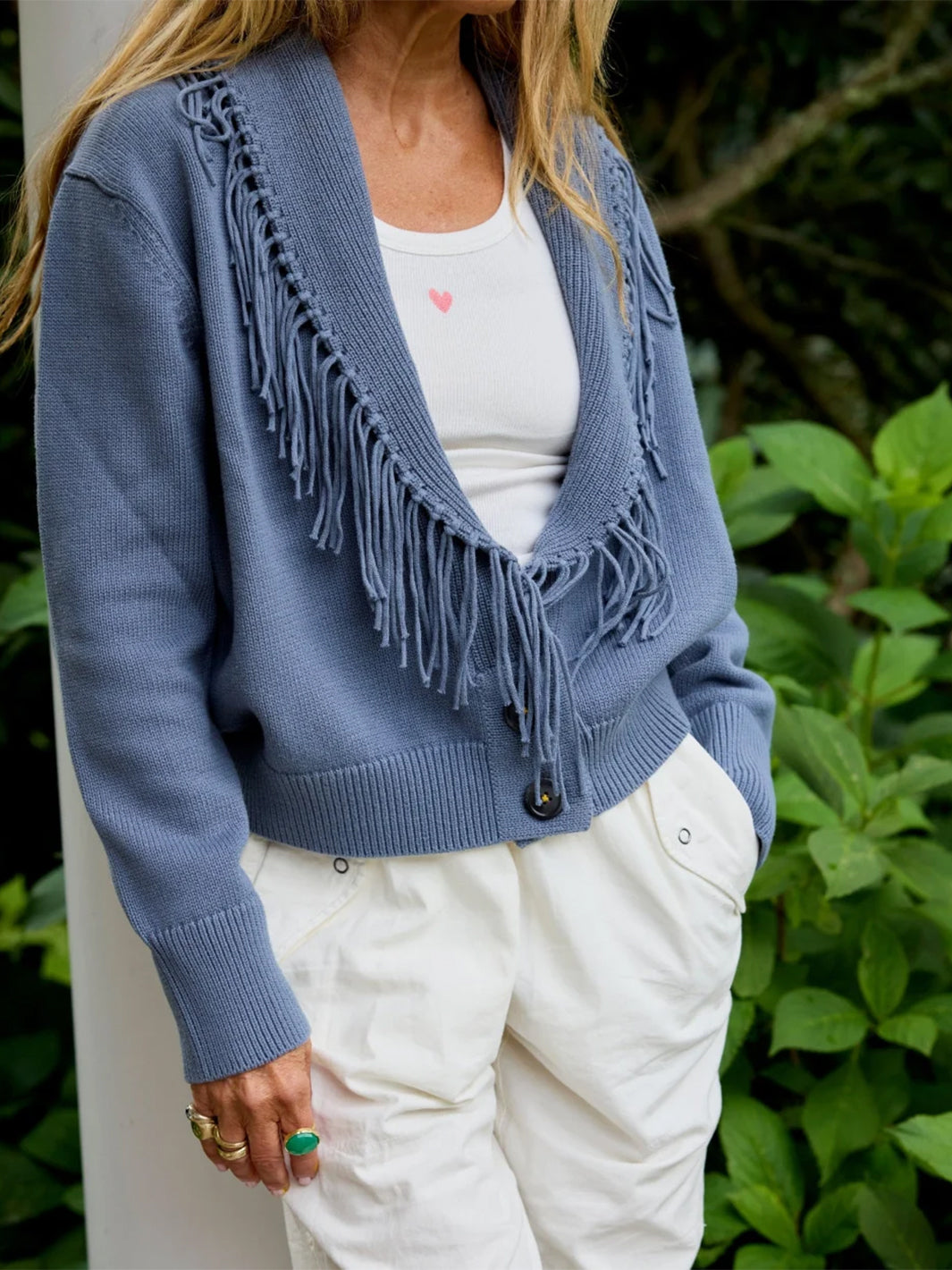 Fringe Shawl Collar Love Cardigan in Denim Blue