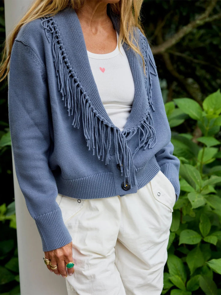 Fringe Shawl Collar Love Cardigan in Denim Blue
