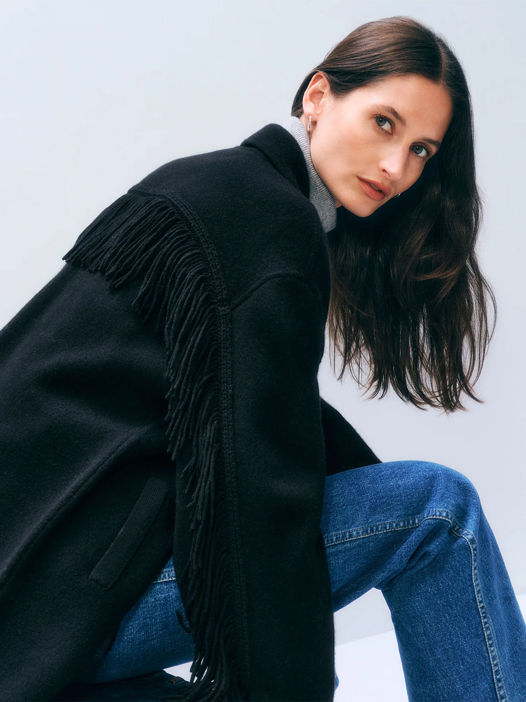 Cashmere Merino Fringe Coat in Black