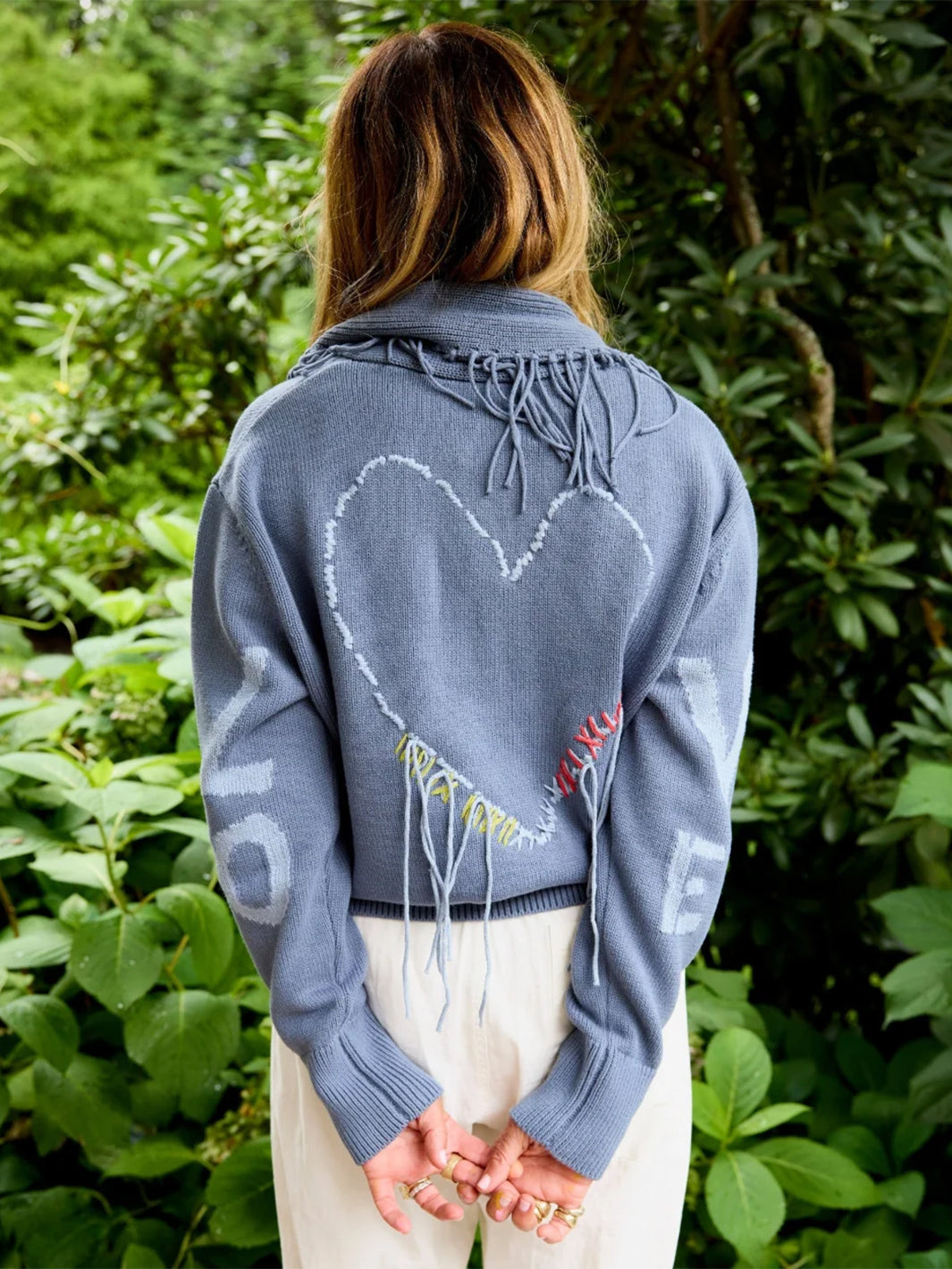 Fringe Shawl Collar Love Cardigan in Denim Blue