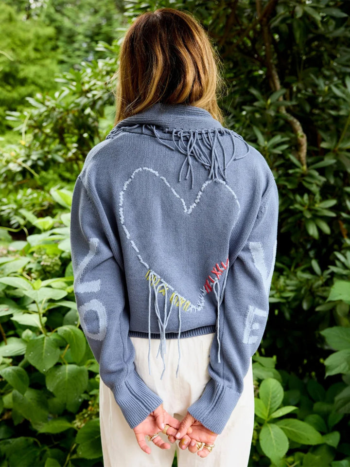 Fringe Shawl Collar Love Cardigan in Denim Blue