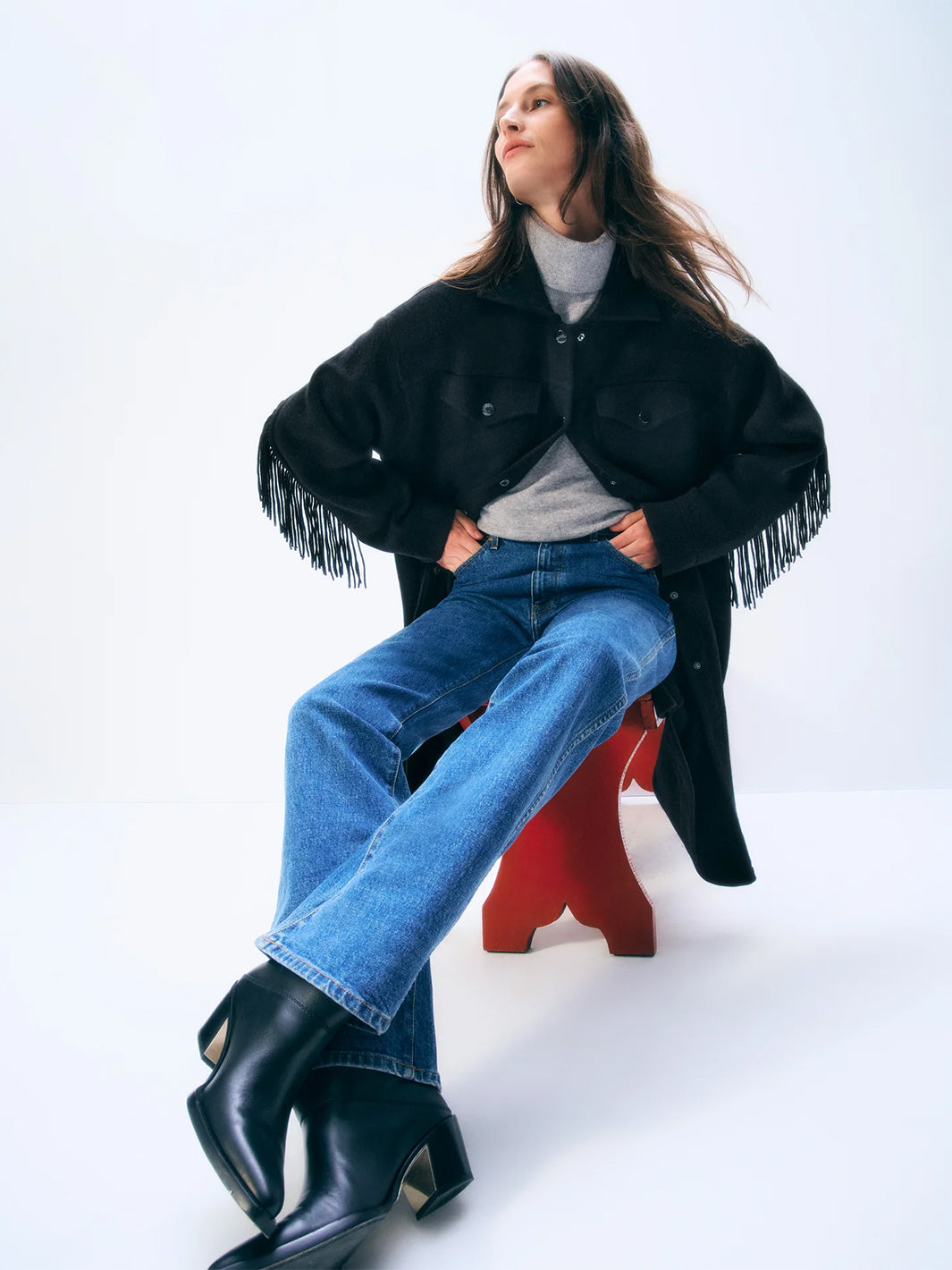 Cashmere Merino Fringe Coat in Black