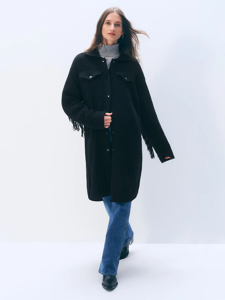 Cashmere Merino Fringe Coat in Black