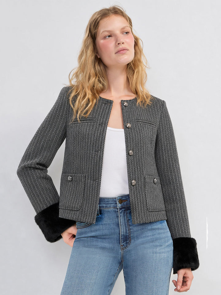 Collarless Lady Jacket W/ Faux Fur Cuff in Black Multi