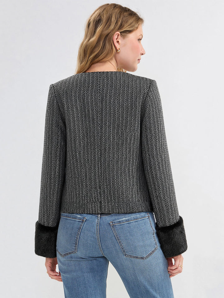 Collarless Lady Jacket W/ Faux Fur Cuff in Black Multi