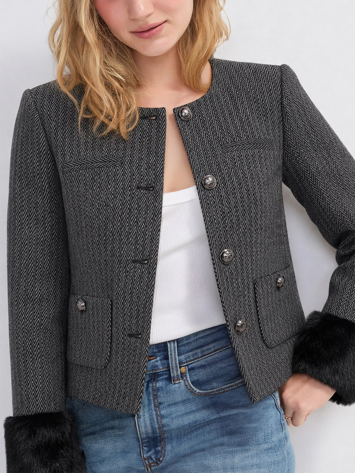 Collarless Lady Jacket W/ Faux Fur Cuff in Black Multi