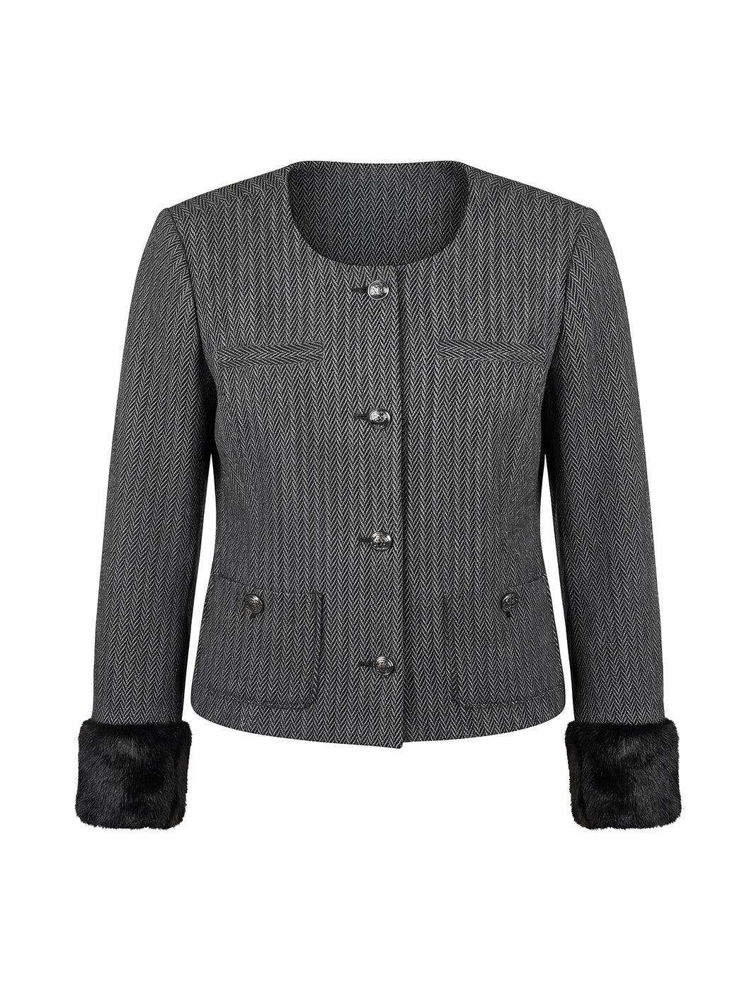 Collarless Lady Jacket W/ Faux Fur Cuff in Black Multi
