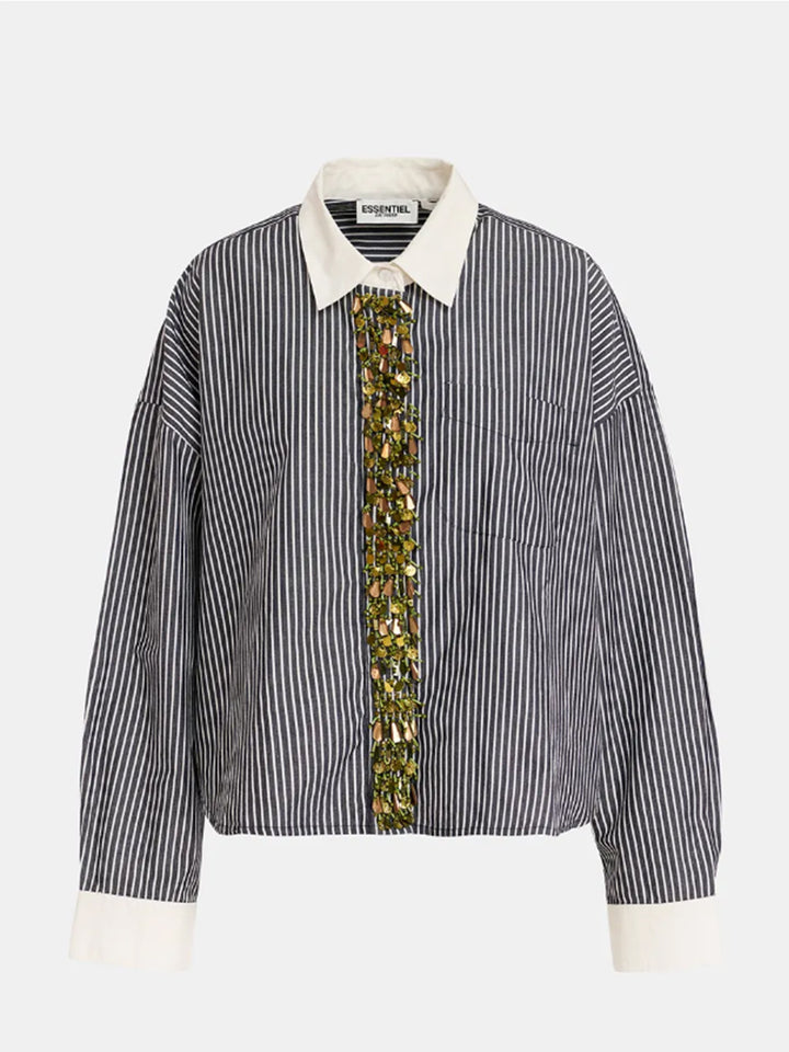 Gail Boxy Cotton Shirt in Black/Off White Stripe